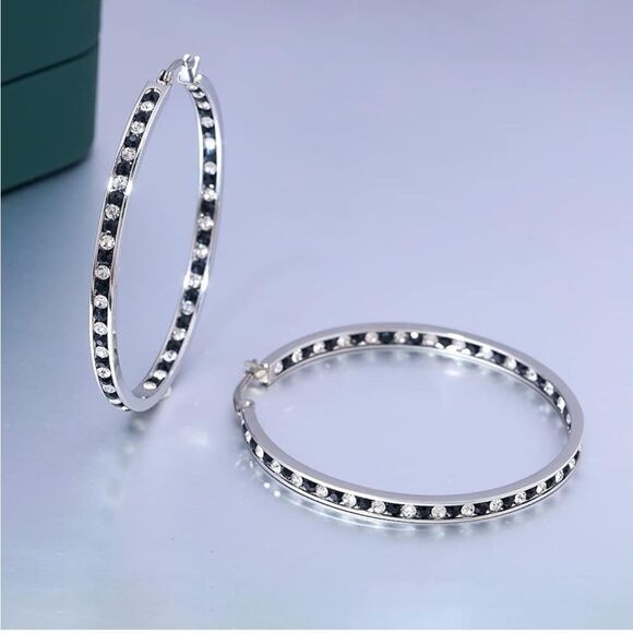 14K White Gold with Black Onyx and White Diamond Cubic Zirconia Hoop Earrings - Picture 3 of 6